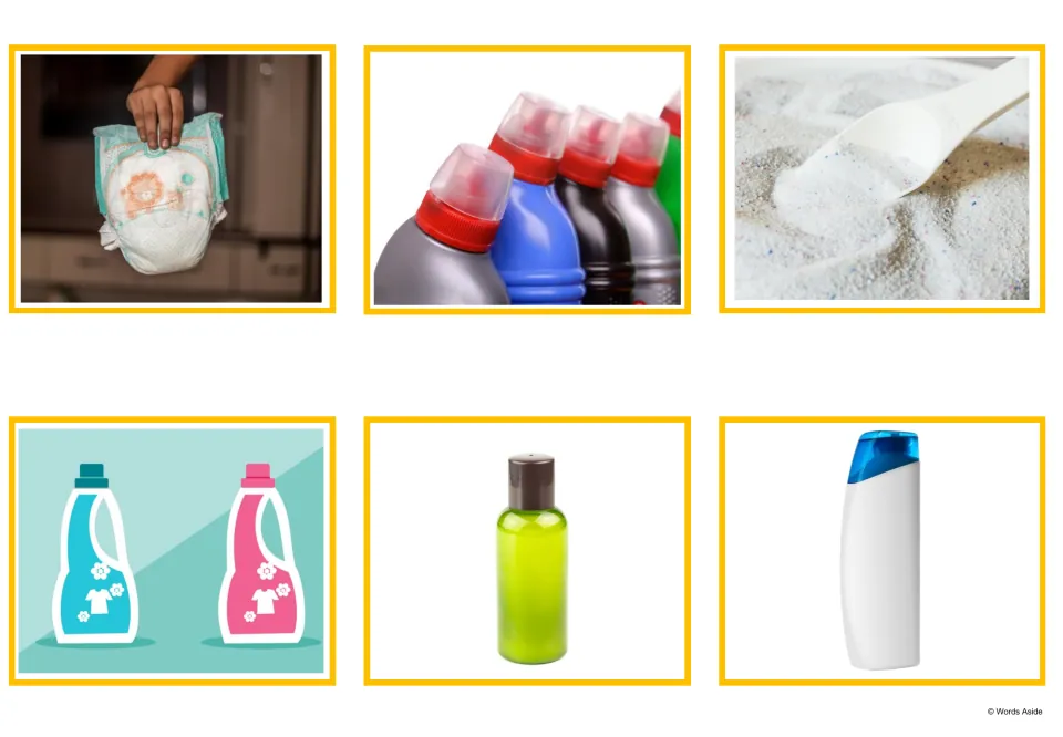 Hygiene picture cards: a diaper, cleaner bottles, washing powder with a scoop, softener, a green gel bottle and shampoo