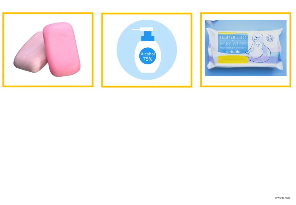 Hygiene picture cards: two pink soap bars, a pump bottle labeled Alcohol 75% and a pack of baby wipes