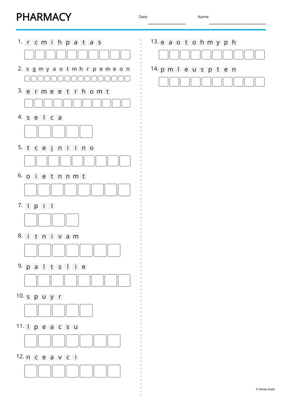 Pharmacy anagrams: students unscramble 14 jumbled words such as rcmihpatas and write each letter in the spaces below