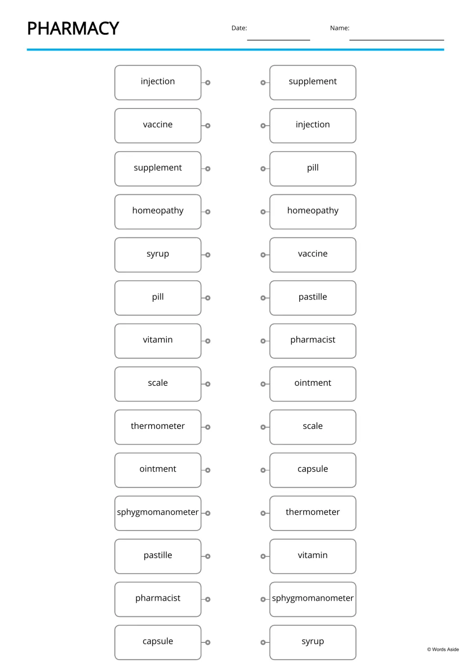 Pharmacy word matching: students connect each word on the left, like injection or vaccine, to the same word on the right