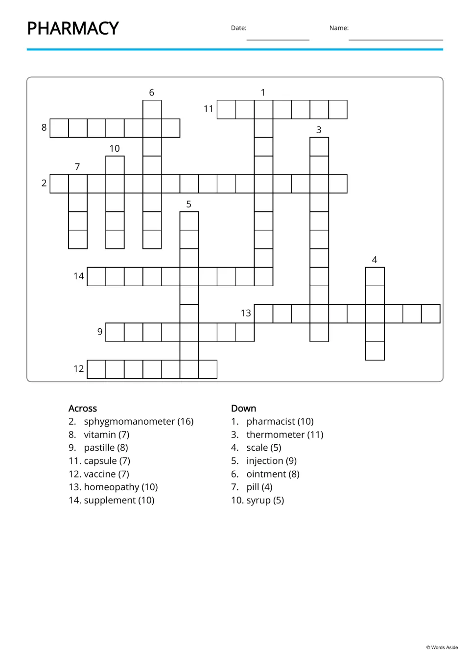 Pharmacy crossword: students fit 14 words like sphygmomanometer and pharmacist into the puzzle using letter-count clues