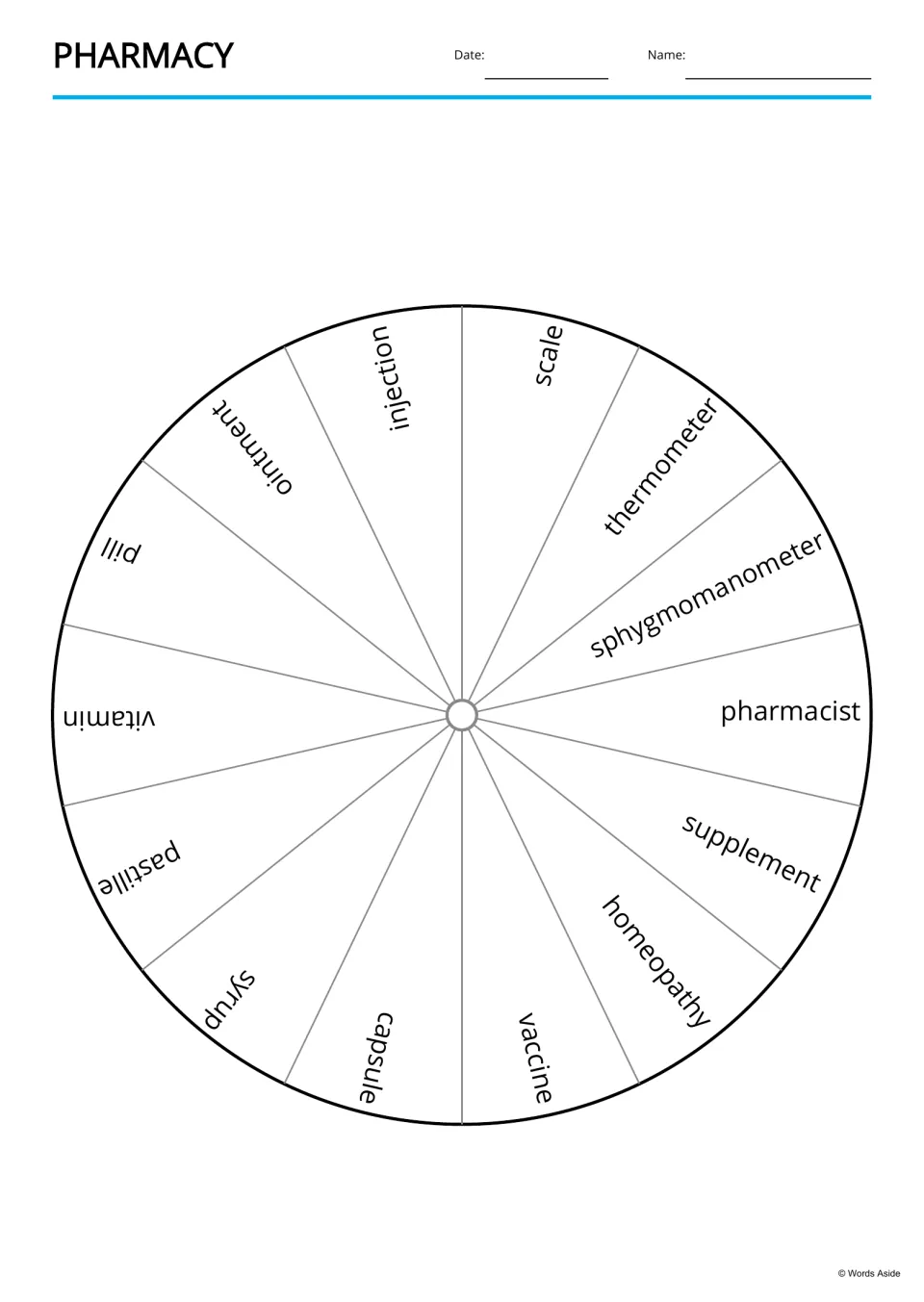 Pharmacy word wheel split into 14 sections, each naming one word such as scale, thermometer, syrup, capsule or vaccine