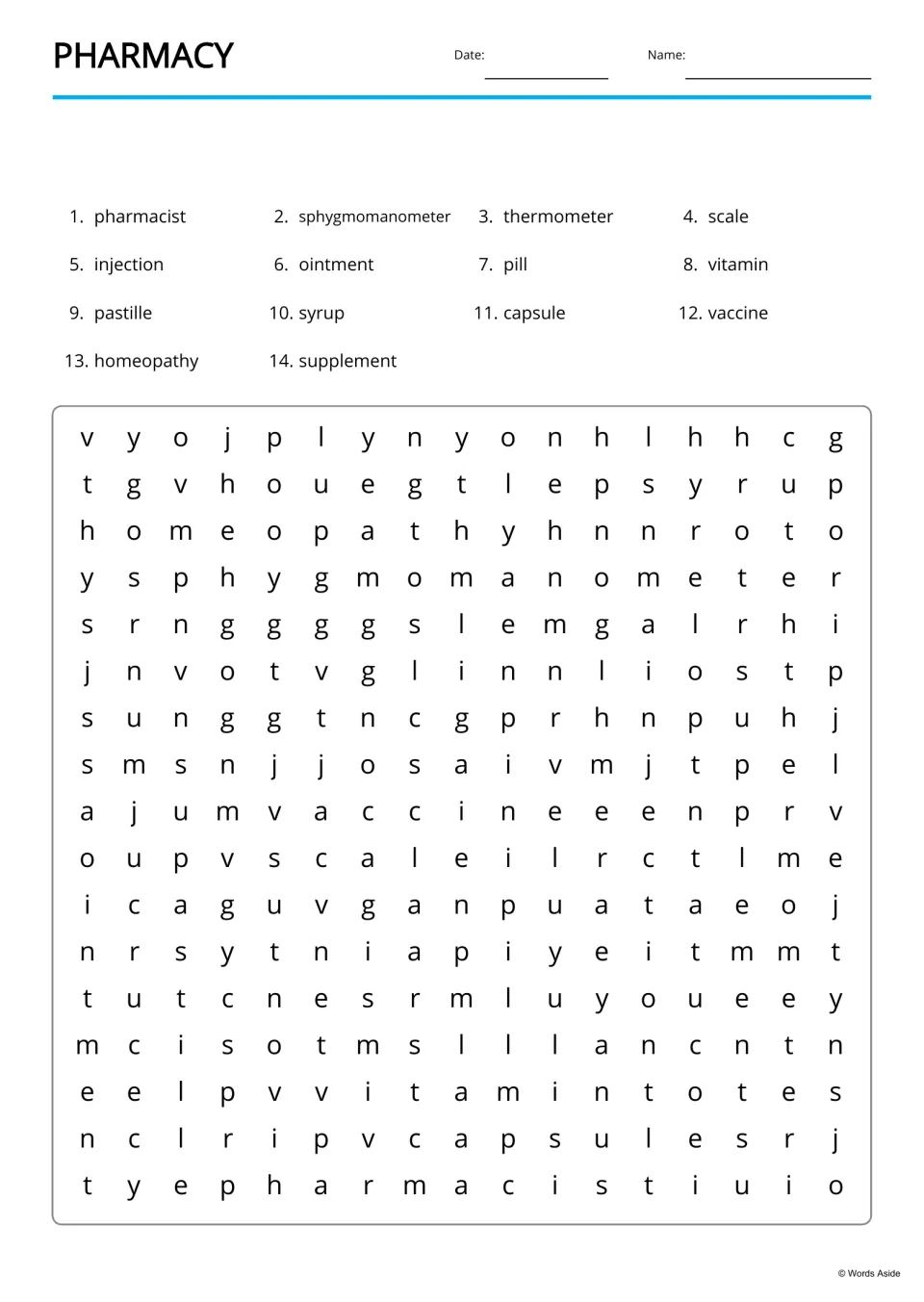 Pharmacy word search: students find 14 listed words, including thermometer, ointment and supplement, hidden in the letters