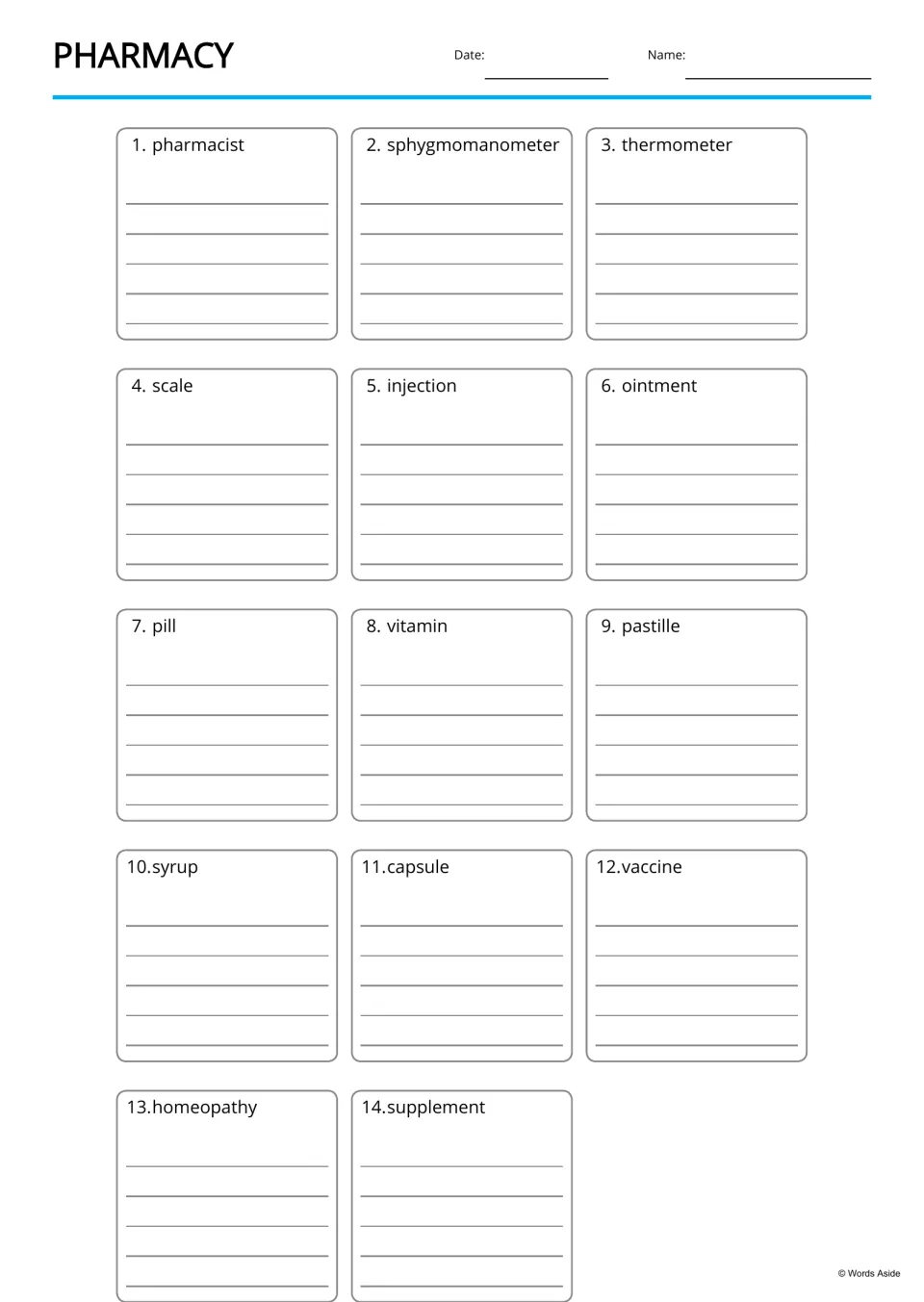Pharmacy vocabulary writing: each of the 14 words, from pharmacist to supplement, has room for students to write about it