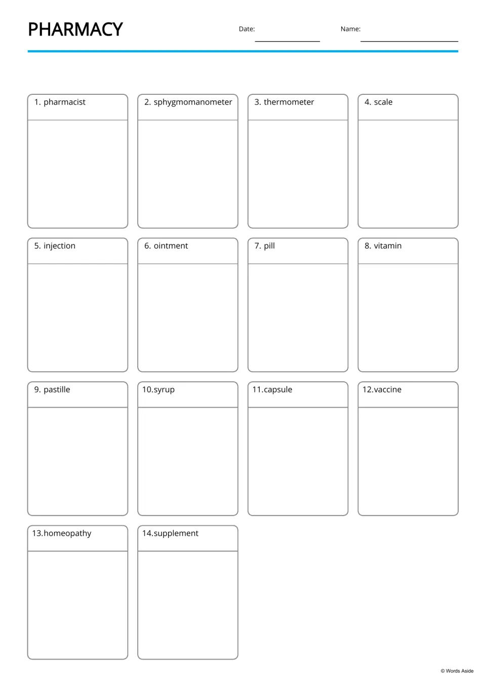 Pharmacy vocabulary drawing page: the 14 words, such as scale, pill and vaccine, each head a blank space to illustrate