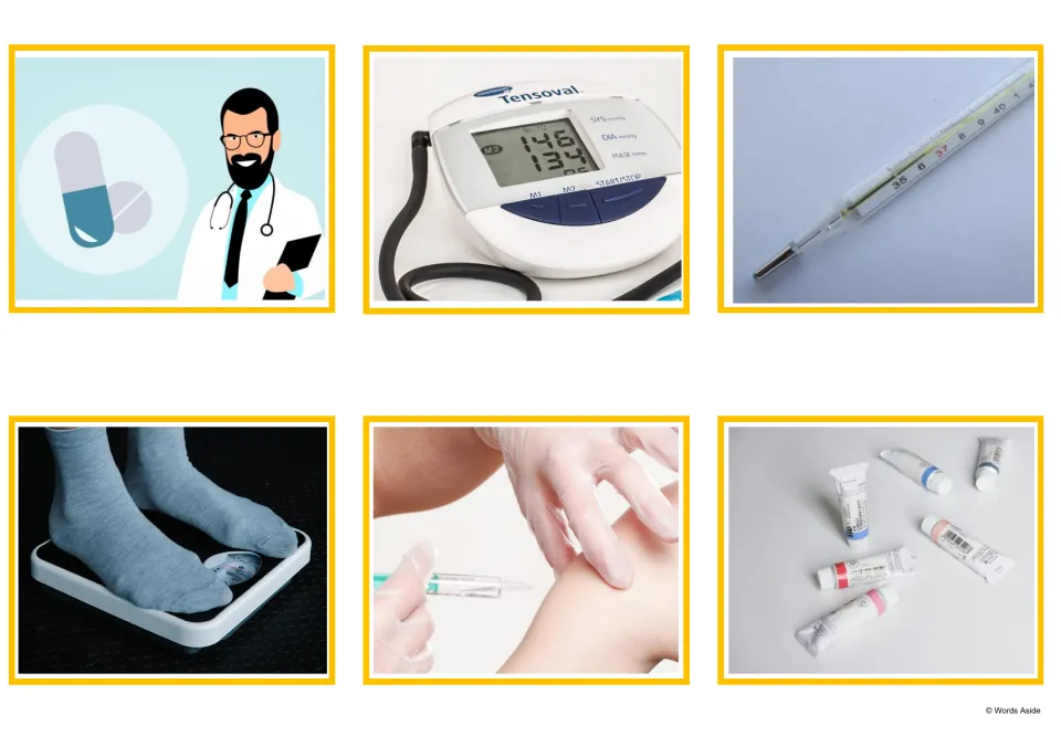 Pharmacy picture cards: pharmacist with pills, blood pressure monitor, thermometer, feet on a scale, injection, ointment