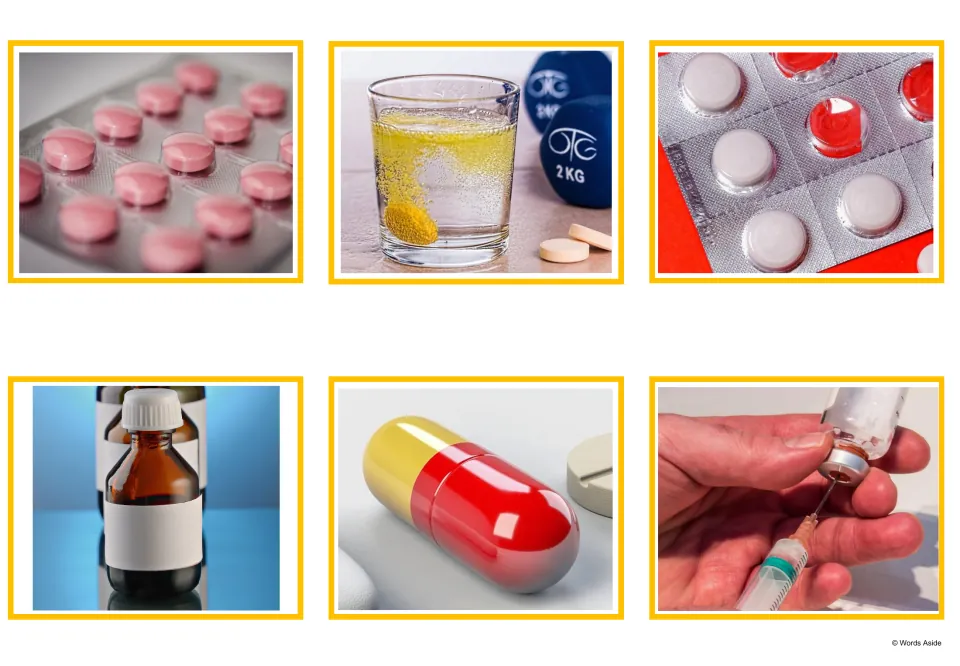 Pharmacy picture cards: pink pills, a fizzing tablet in water, blister-pack tablets, a syrup bottle, capsule, vaccine