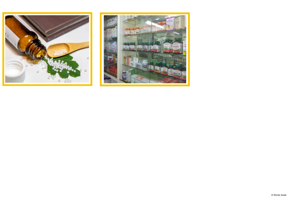 Pharmacy picture cards: homeopathic pellets spilling from a small bottle and shelves of supplement jars in a pharmacy