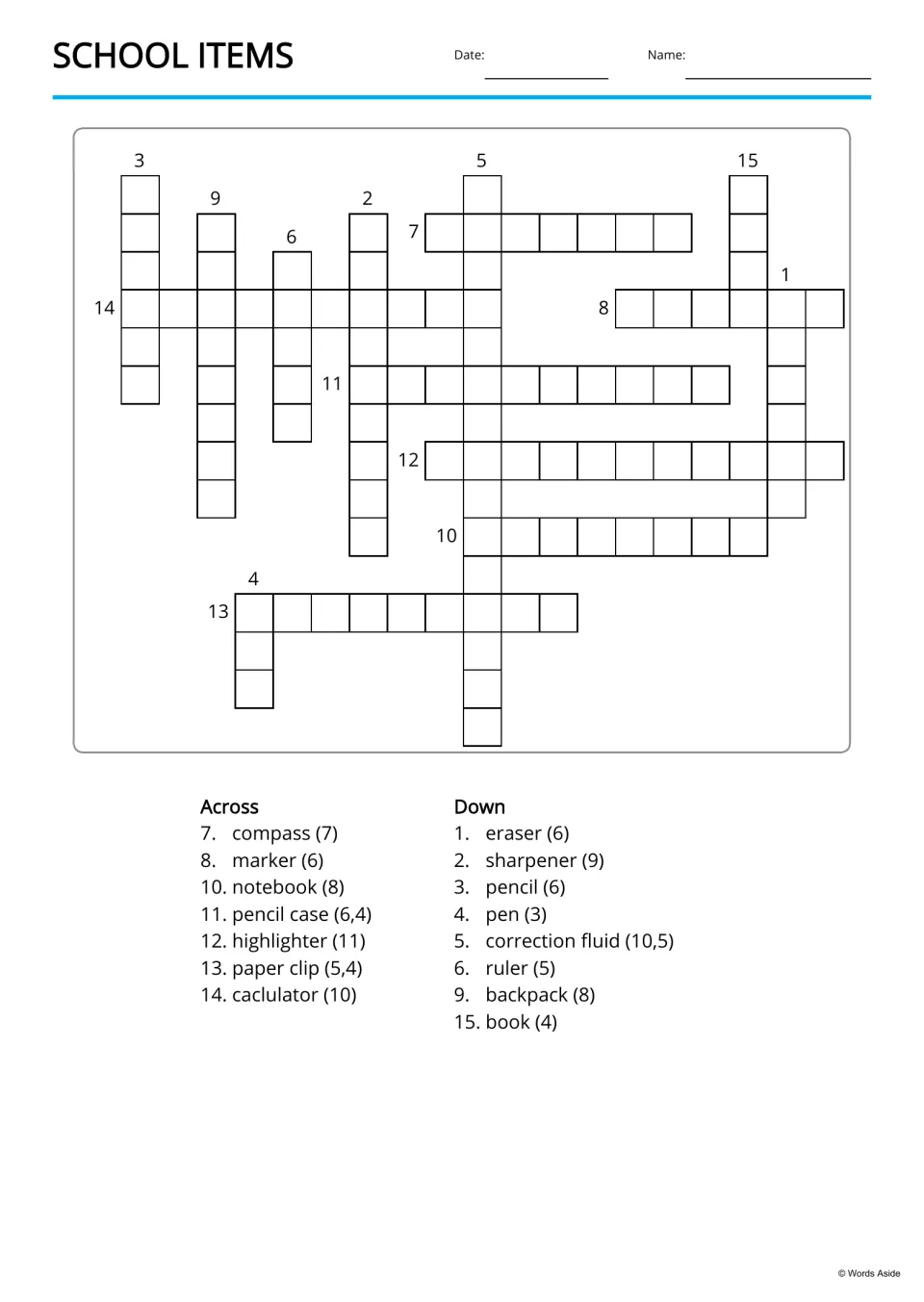 School items crossword: students fit 15 supply words such as compass and highlighter into the grid using letter counts