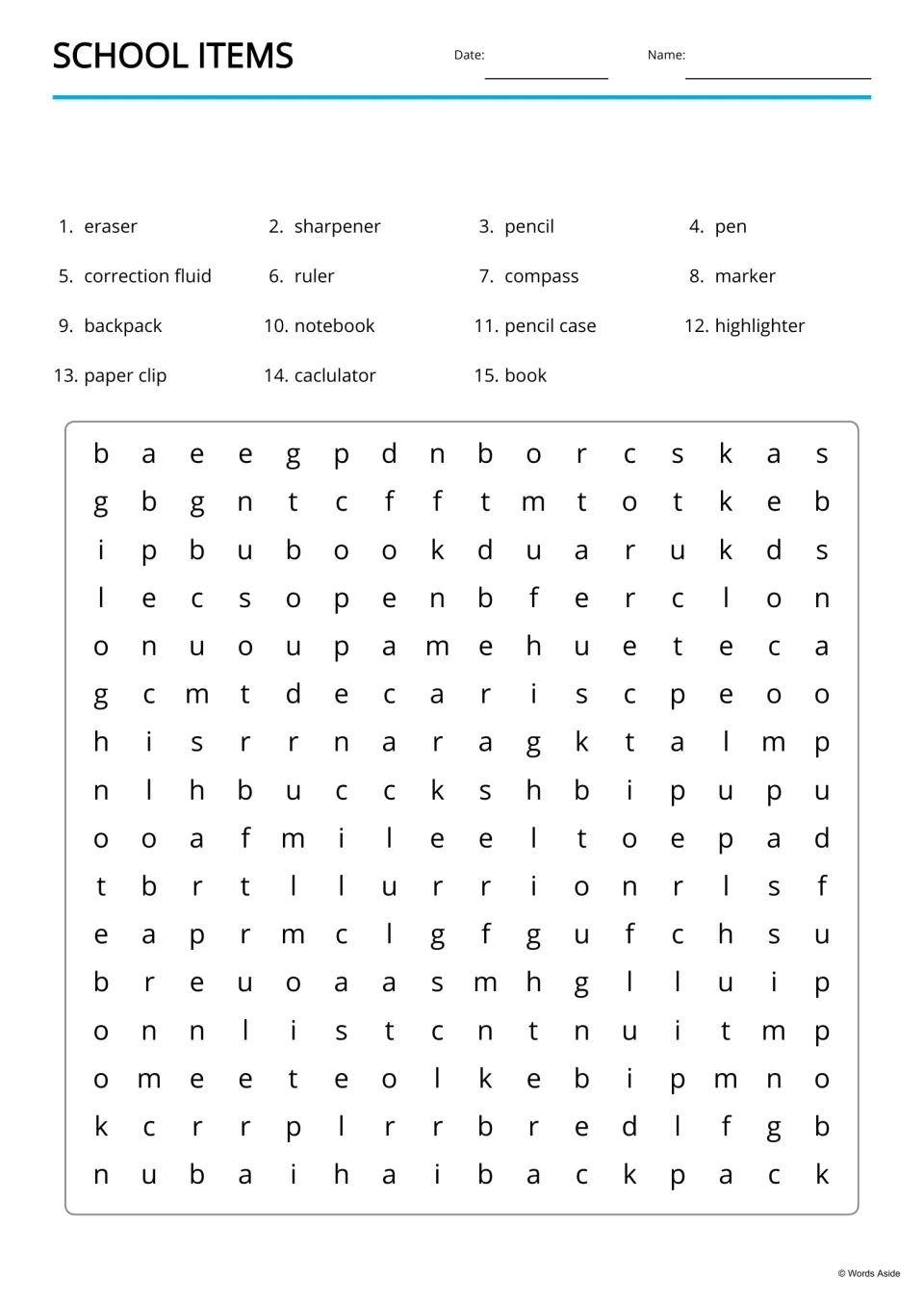 School items word search: students find 15 listed words, from eraser to book, hidden in a 16 by 16 letter puzzle