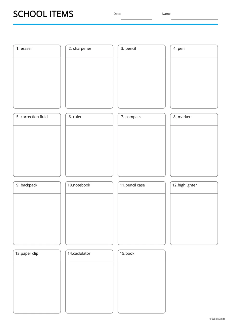 Picture panels for 15 school item words, from eraser to book: students add a drawing or picture card under each label
