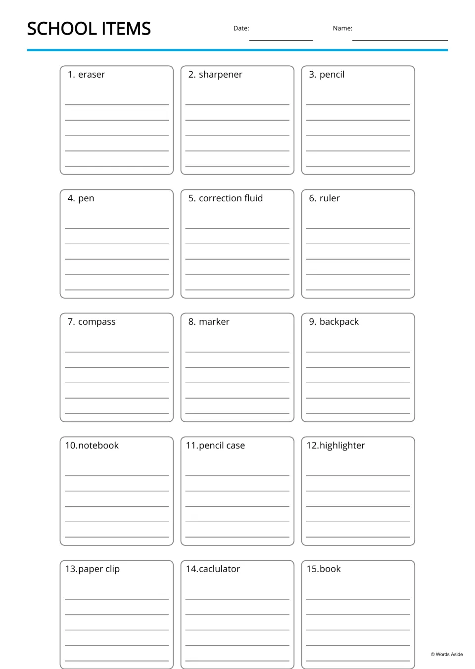 Writing practice for 15 school supply words: students write about each item, such as marker or notebook, on lined spaces