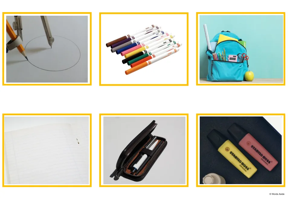 Photo cards showing a compass drawing a circle, colored markers, a backpack, a notebook, a pencil case and highlighters
