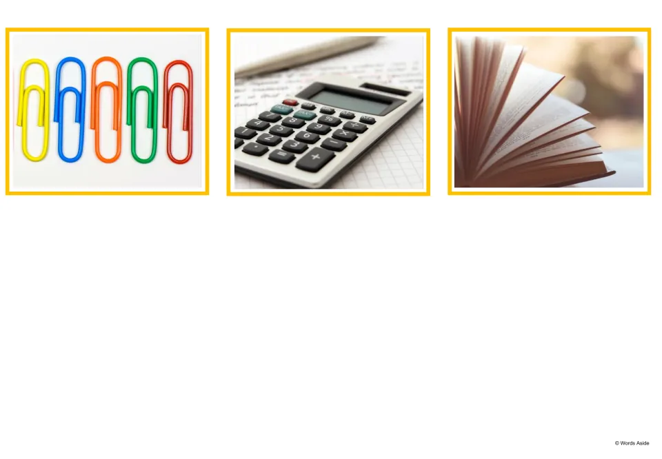 Final photo cards of colorful paper clips, a calculator and an open book, completing the set of school item pictures