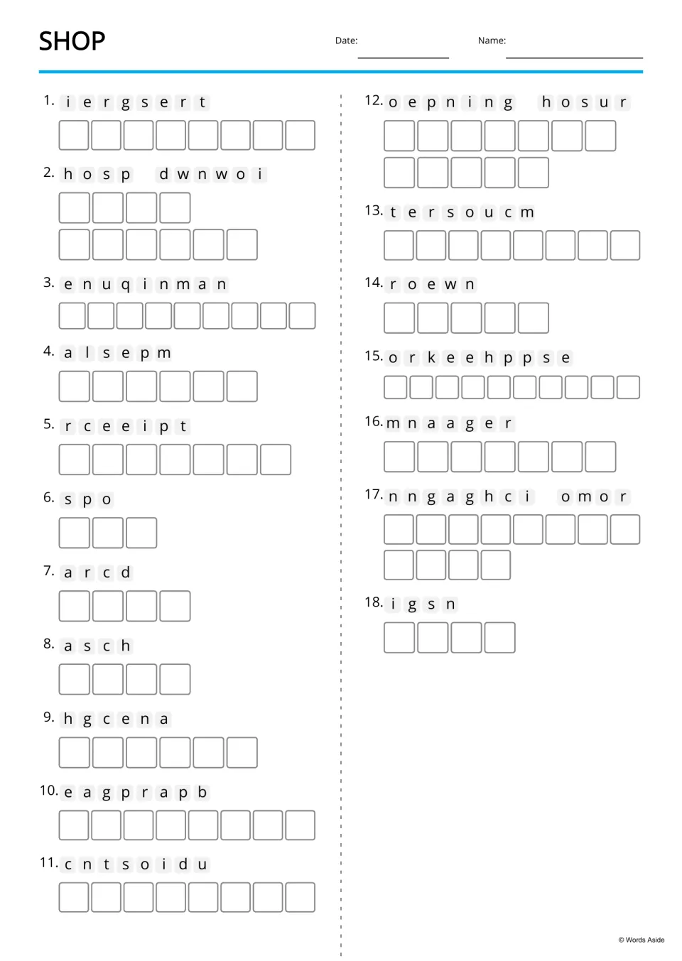 Shop vocabulary anagrams: students unscramble 18 words such as register, receipt, mannequin and opening hours
