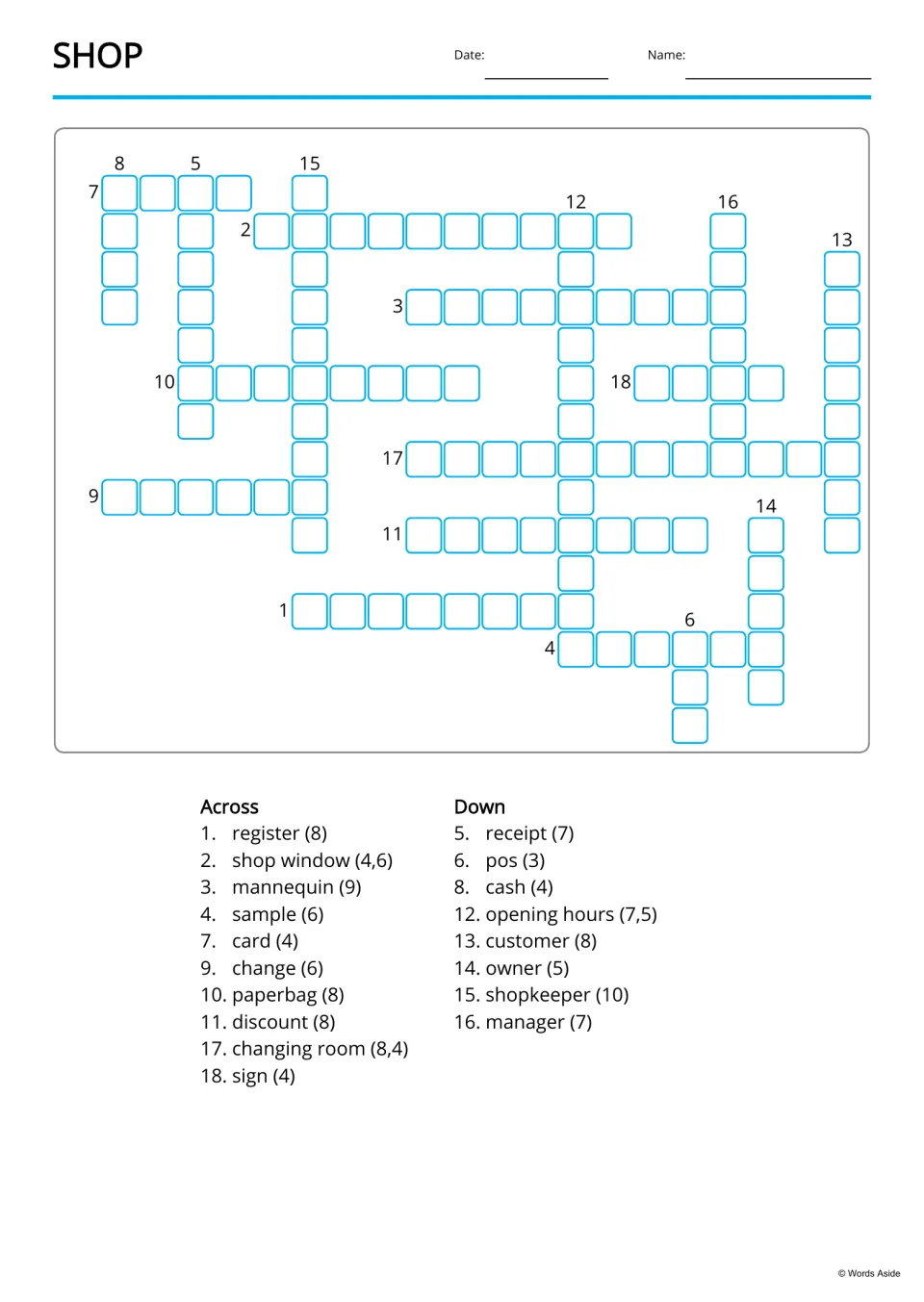 Shop crossword: students fill in 18 words such as shop window, cash and customer, using the Across and Down word lists