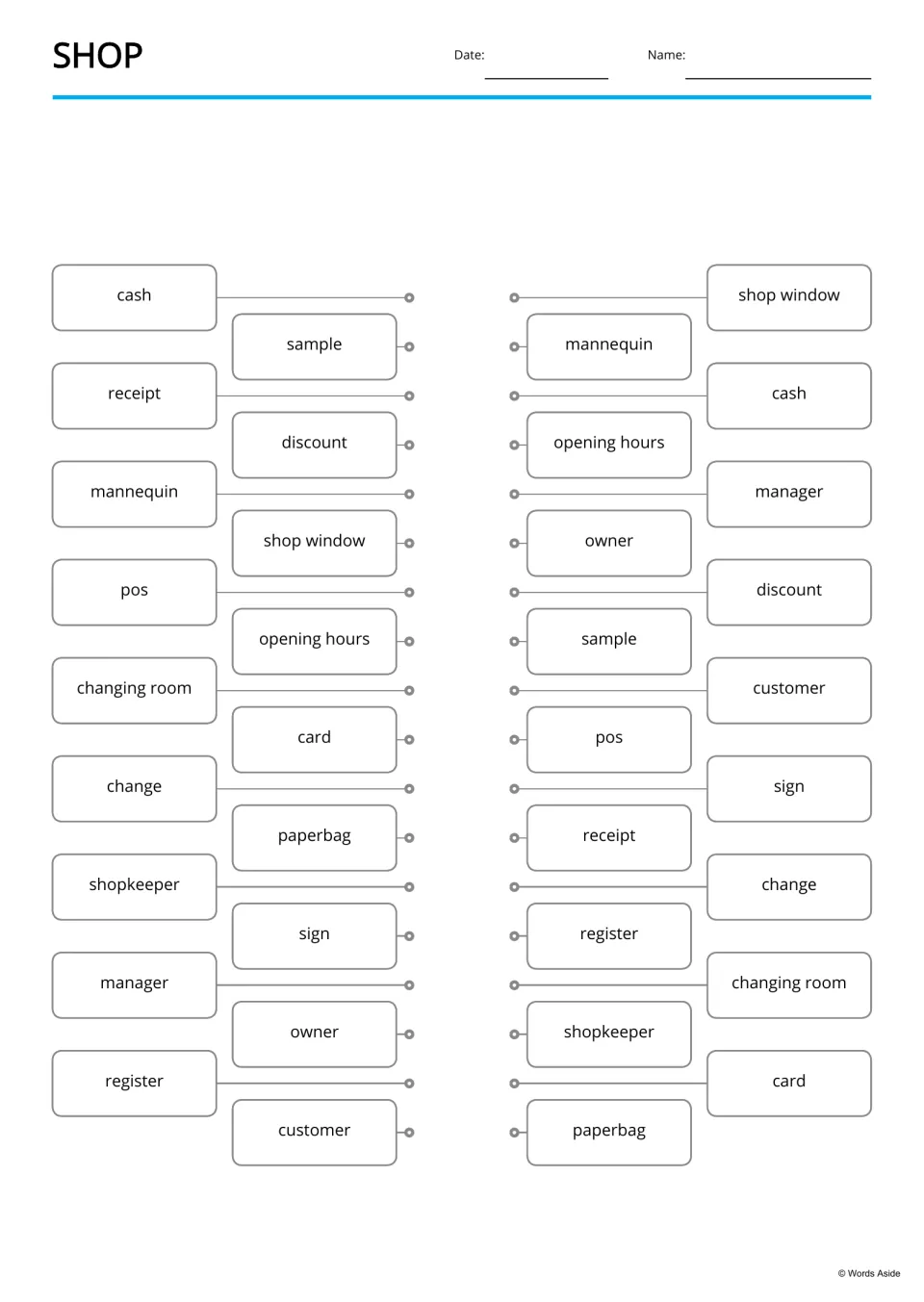Shop word matching: students draw lines to join identical words, such as cash to cash and owner to owner, across two sets