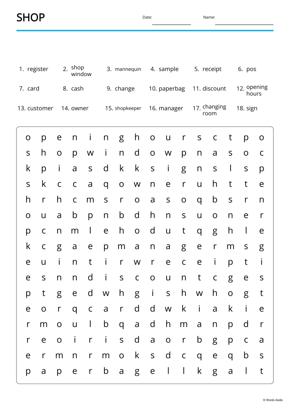 Shop word search: students find 18 listed words, including paperbag, discount and shopkeeper, in a letter puzzle