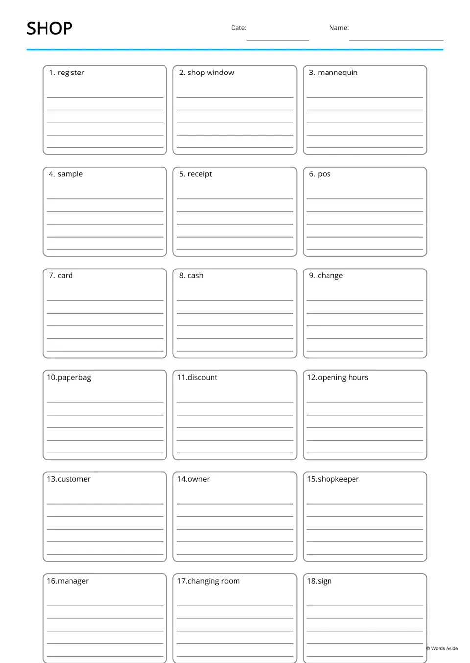 Shop words writing page: students write about each of 18 numbered words, from register and shop window to manager and sign
