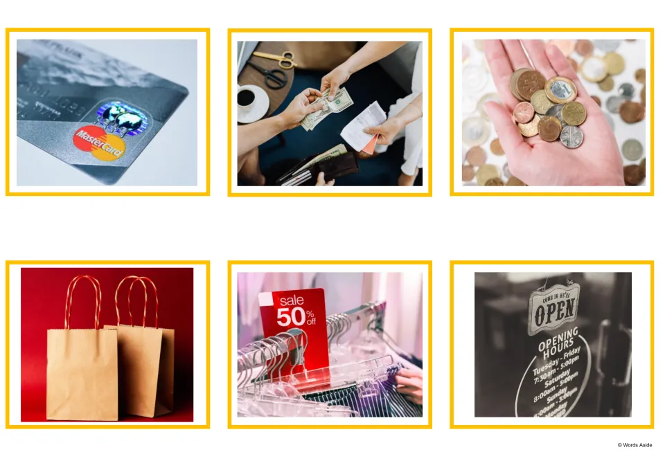 Photo cards: a bank card, cash handed over, coins in a palm, paper bags, a 50% off sale sign and an opening hours sign