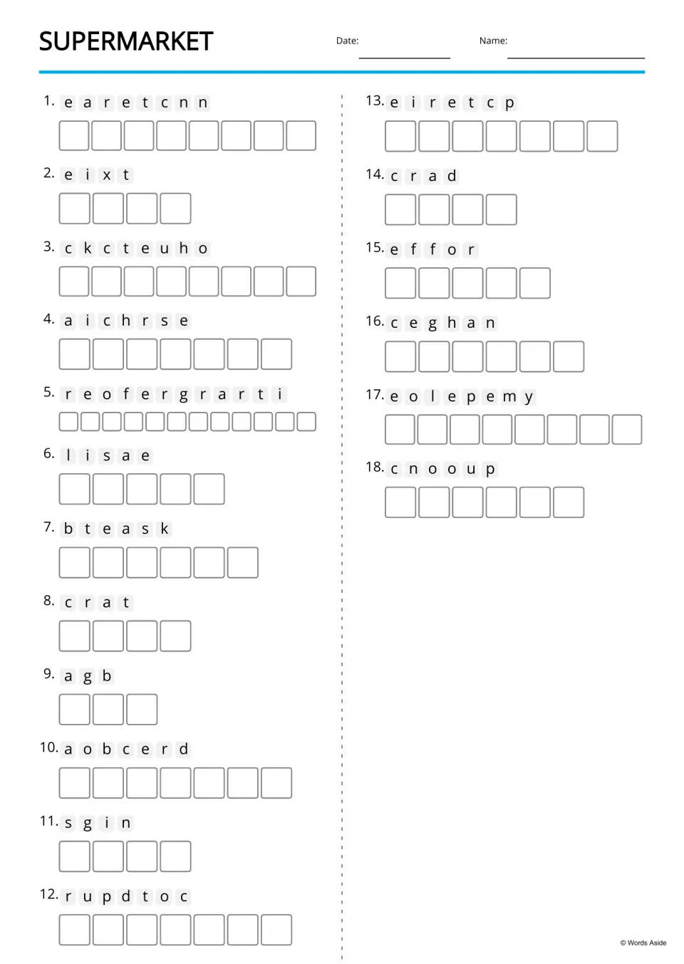 Supermarket anagrams: students unscramble 18 jumbled words such as eixt and crad, writing one letter per box to spell each
