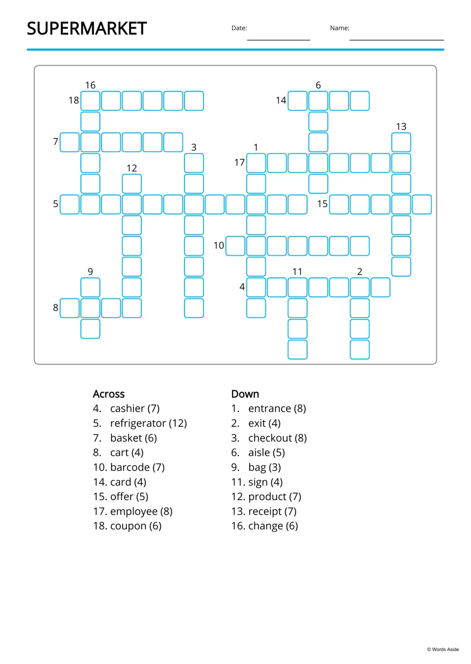 Supermarket crossword: students solve from Across and Down lists with letter counts, e.g. cashier (7), exit (4)