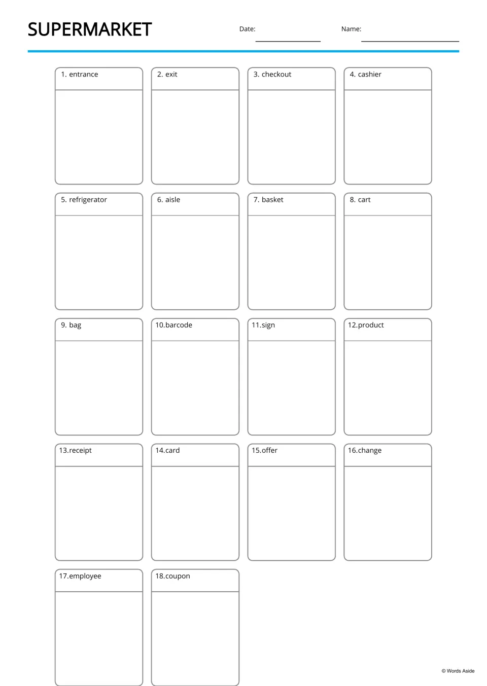 Supermarket pictures: students draw or glue a picture for each of 18 labeled words, such as checkout, aisle and receipt
