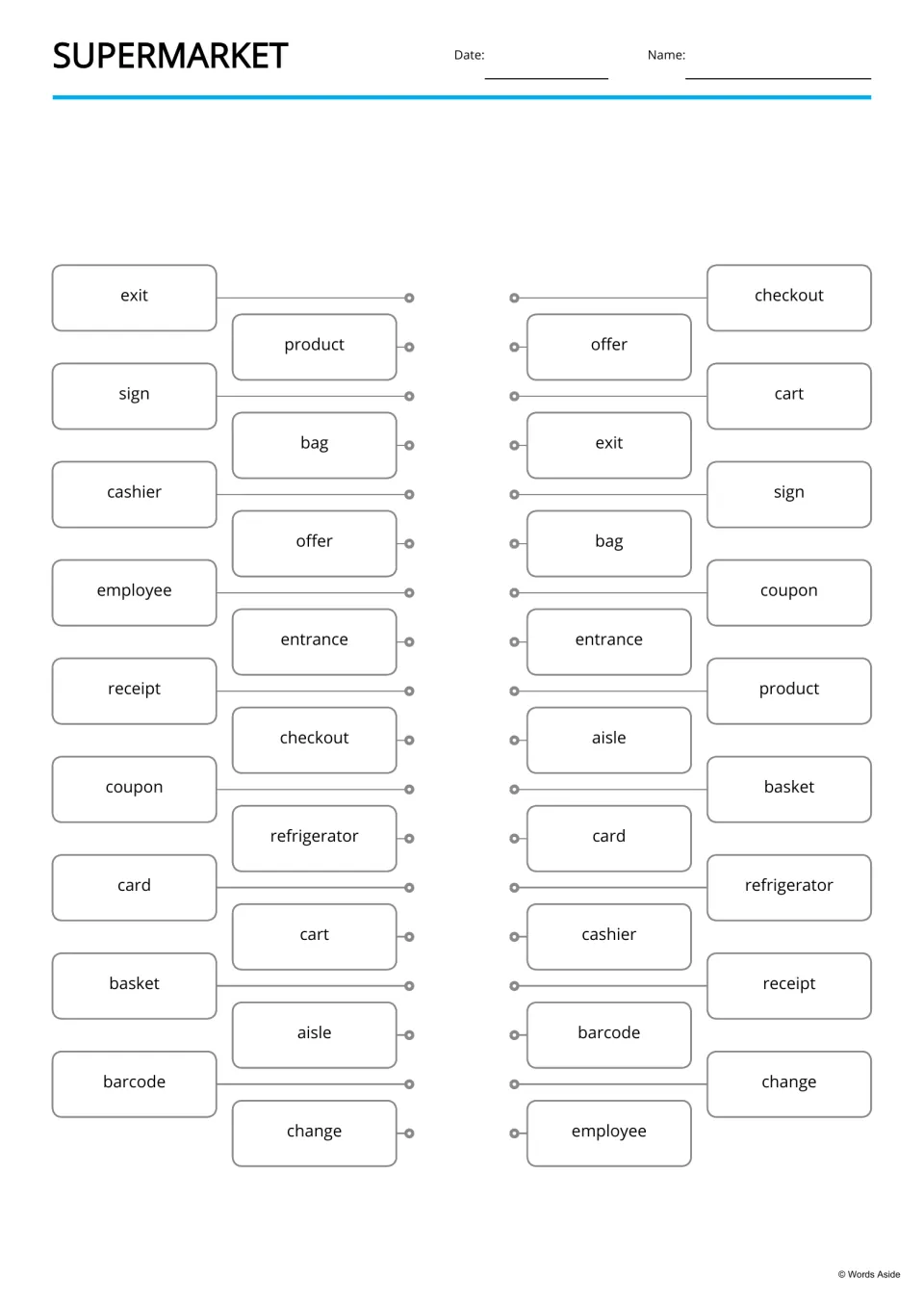 Supermarket word matching: students draw lines to connect identical words such as exit, cart, receipt and coupon