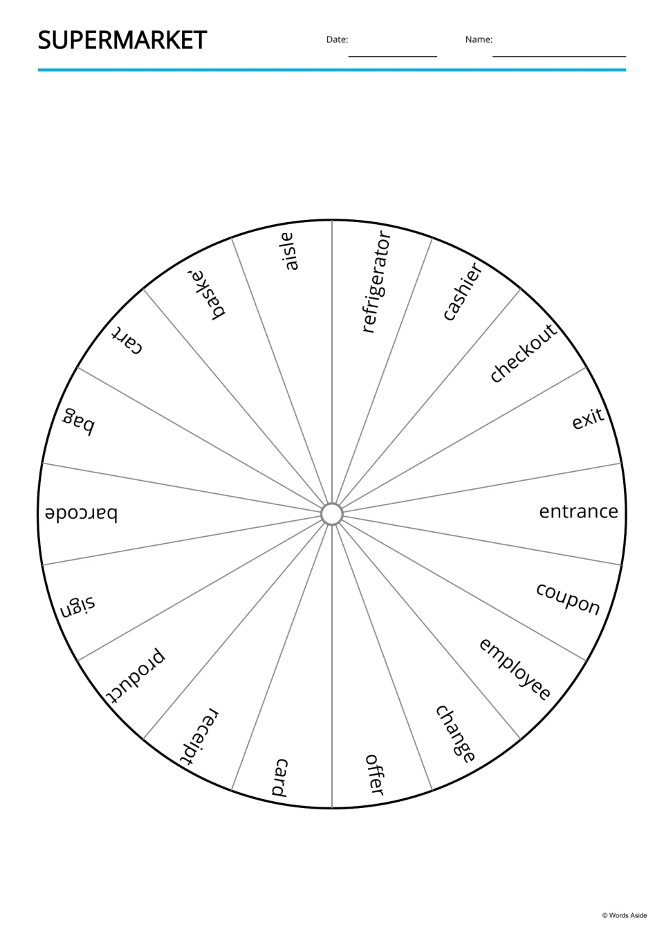 Supermarket vocabulary wheel showing 18 words, including aisle, cashier, checkout, barcode and receipt, around a circle