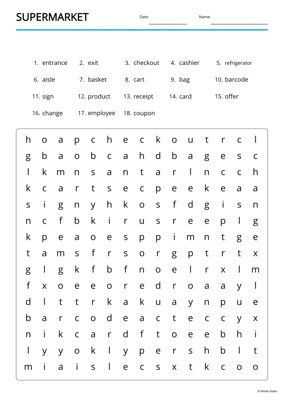 Supermarket word search: students find 18 listed words, such as refrigerator, employee and barcode, hidden among letters