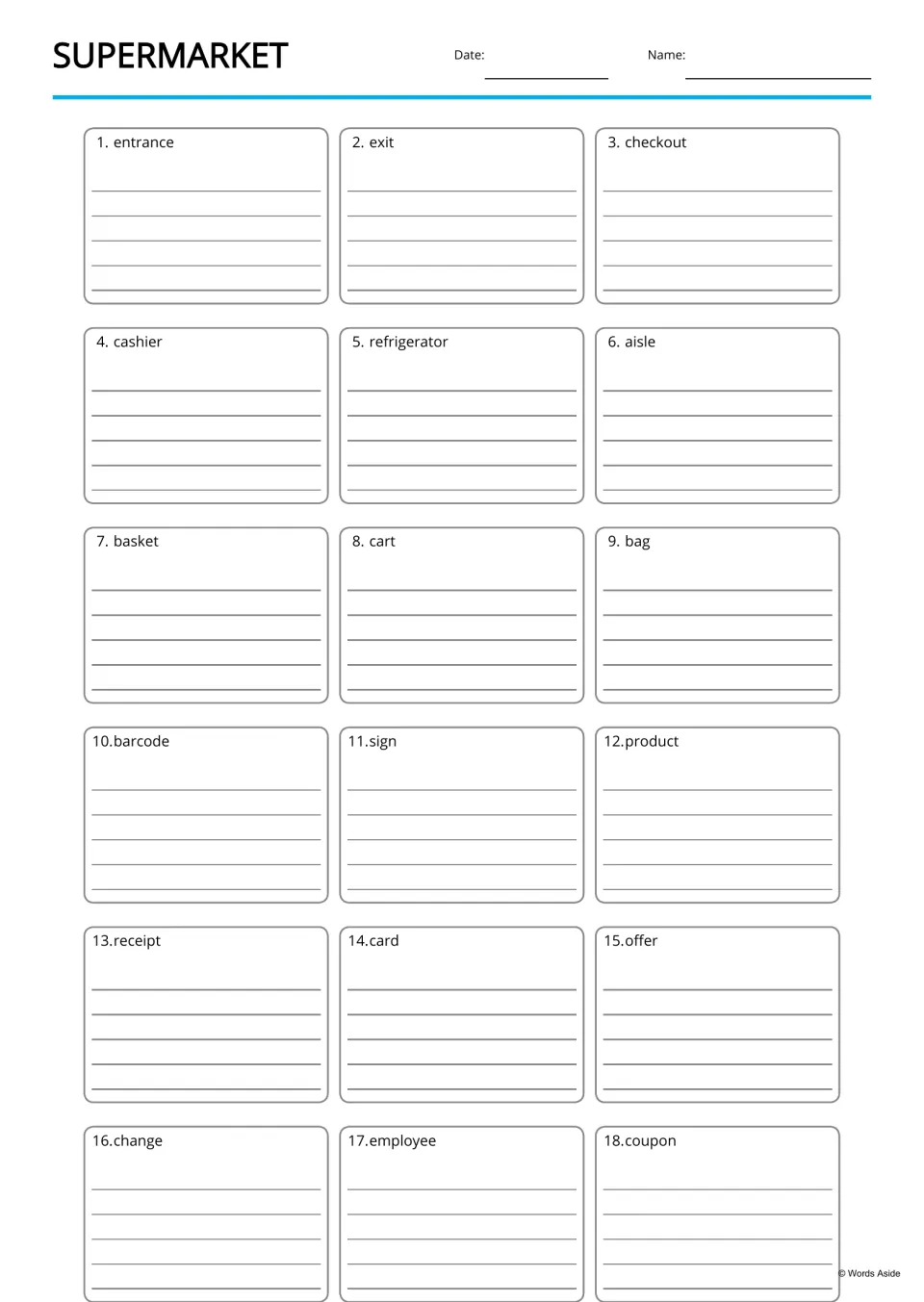 Supermarket sentence writing: students write about each of 18 words, from entrance and checkout to employee and coupon