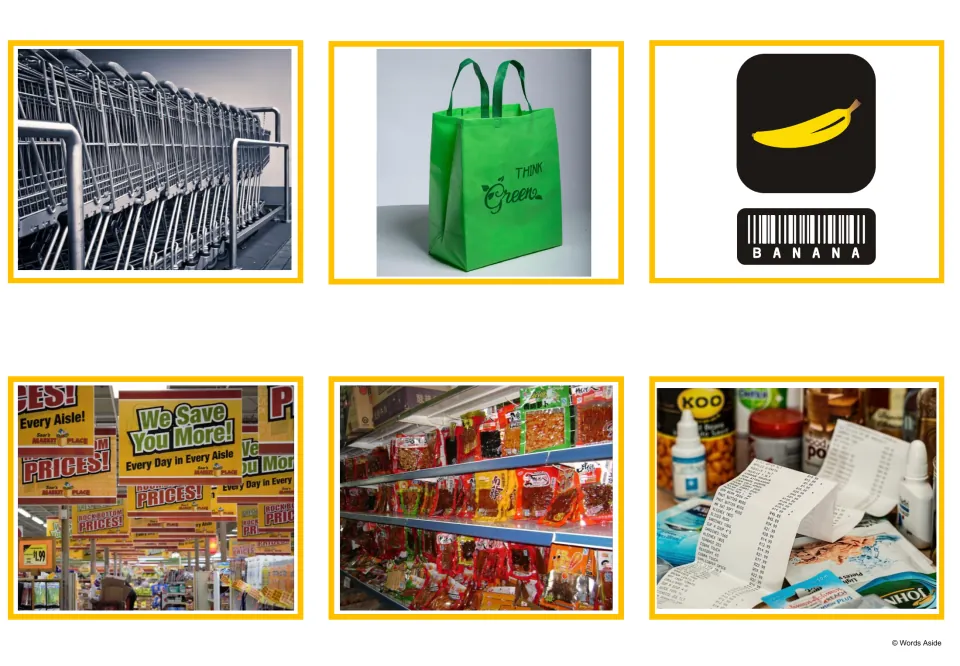 Picture cards of shopping carts, a green tote bag, a banana barcode, price signs, packaged products and a long receipt