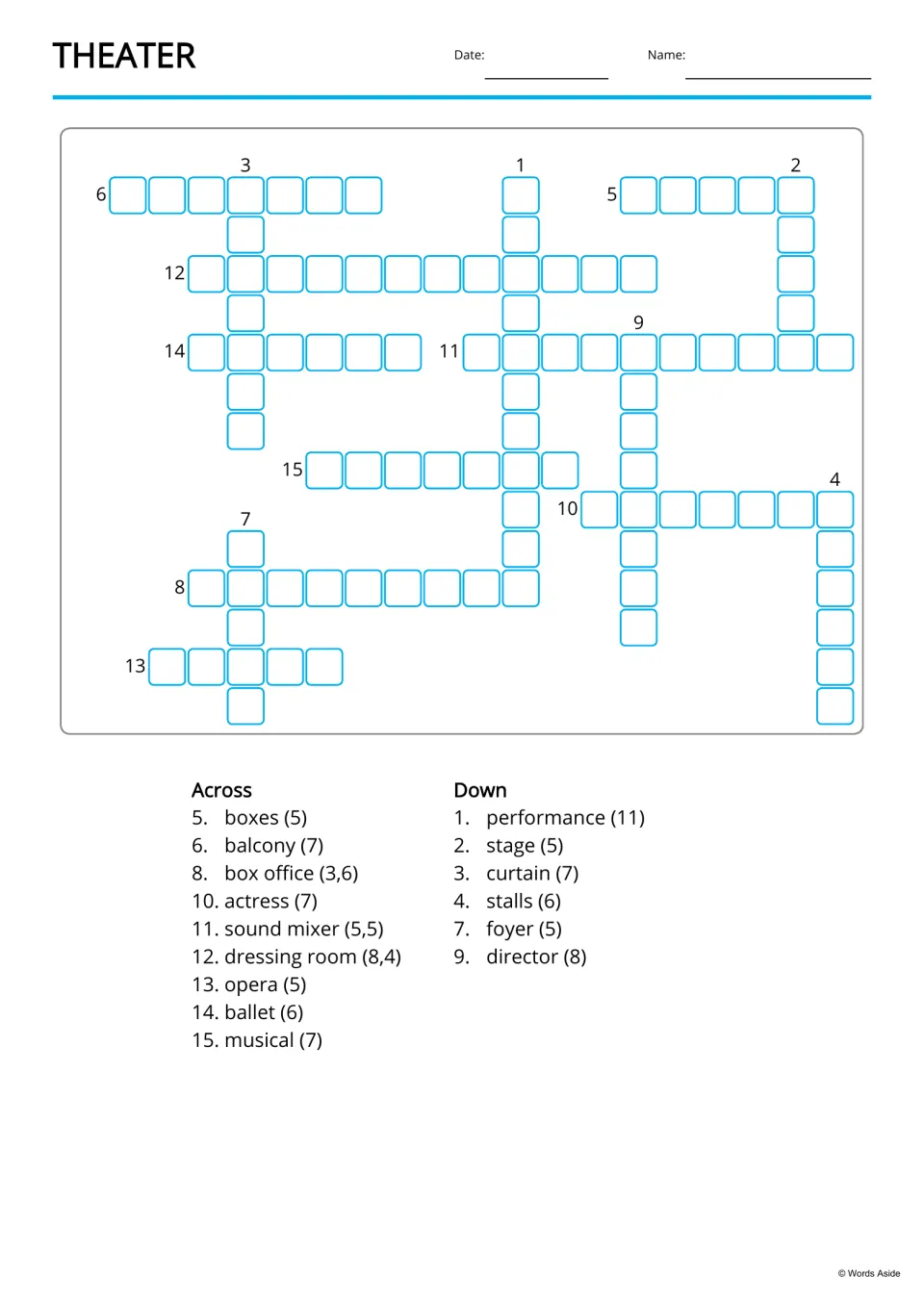 Theater crossword: students place 15 words like balcony, foyer and dressing room from given Across and Down word lists