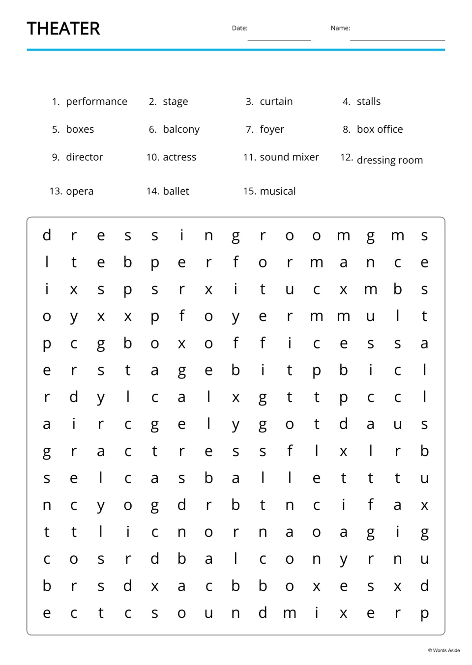 Theater word search: students find 15 listed words, including box office, sound mixer and dressing room, in a letter grid