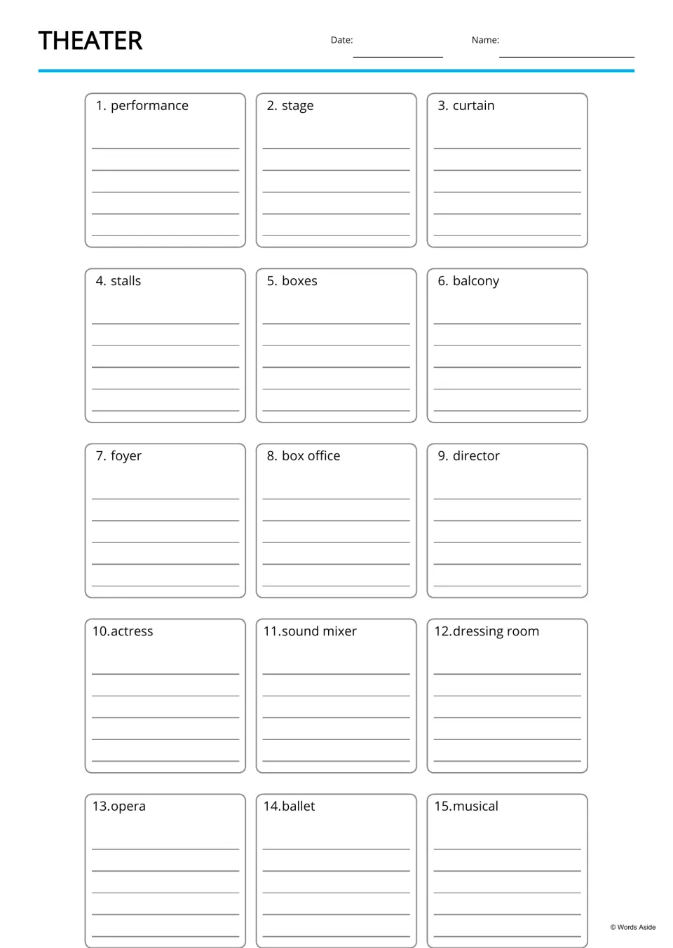 Theater vocabulary writing page: students write about each of 15 terms, from performance and curtain to dressing room