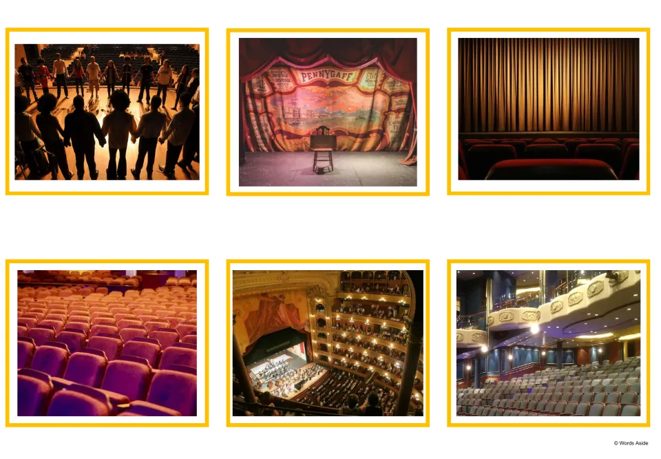 Theater photo cards: actors in a circle onstage, a painted stage backdrop, a curtain, stall seats, boxes and a balcony