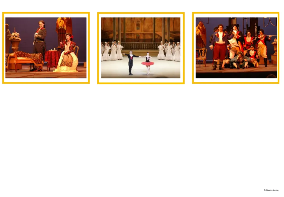 Theater photo cards showing three stage genres: costumed singers in an opera scene, ballet dancers, and a musical cast