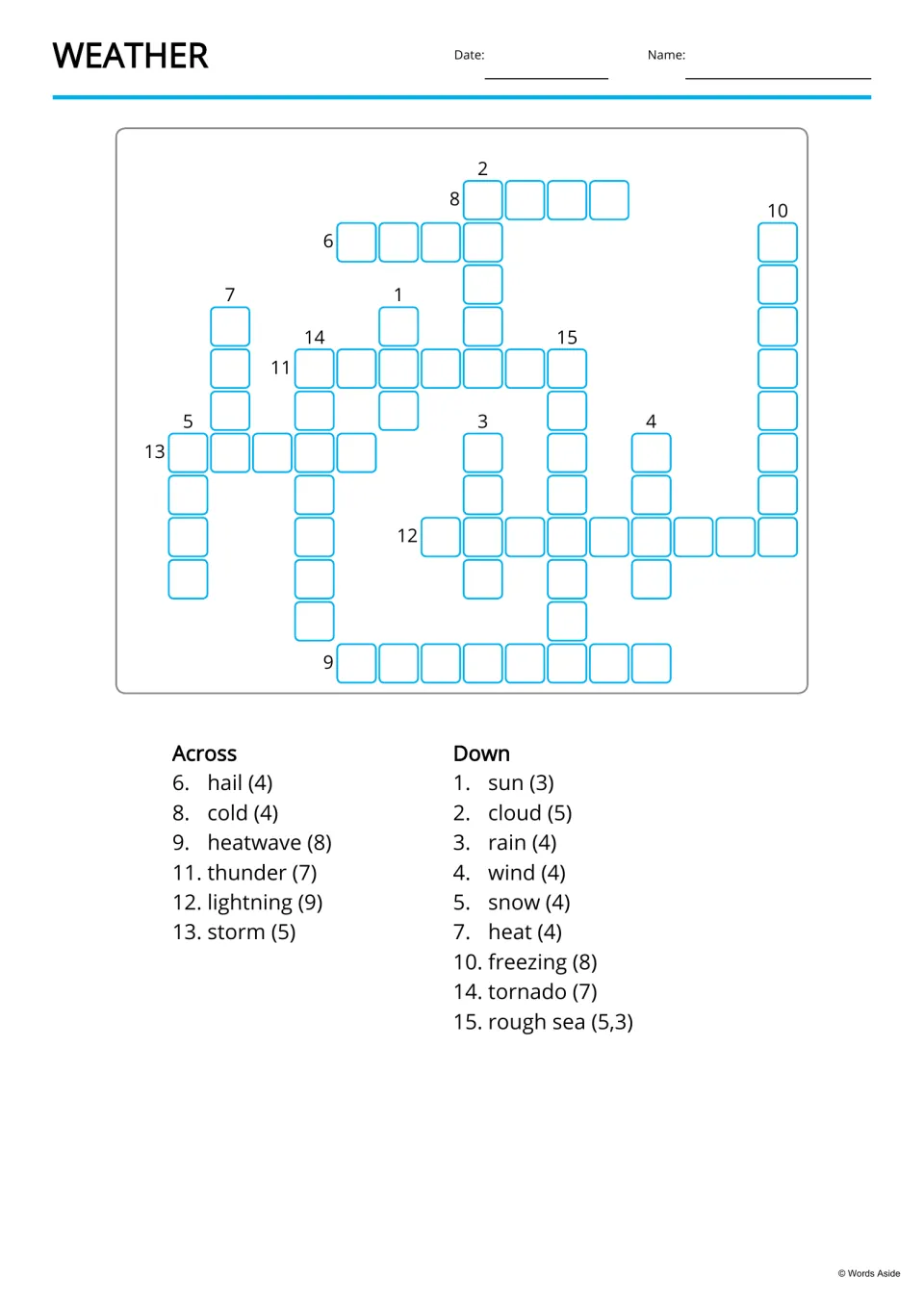 Weather crossword: students fit 15 weather words, given as Across and Down clues with letter counts, such as tornado (7)