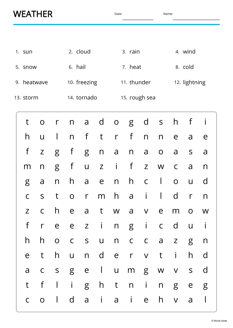 Weather word search: students hunt for 15 listed words, including heatwave, freezing, lightning and rough sea