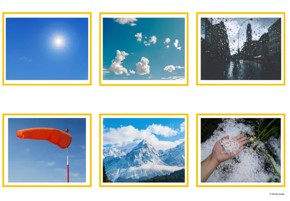 Weather photo cards: pictures of a bright sun, white clouds, rain on a window, a windsock, snowy mountains and hailstones