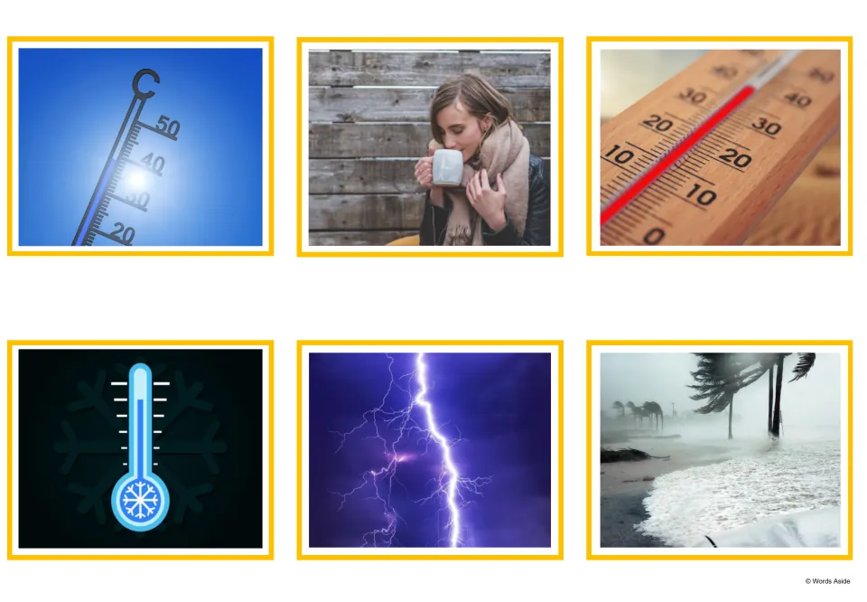 Weather photo cards: thermometers in the sun, a woman warming up with a mug, a freezing thermometer, lightning and a storm