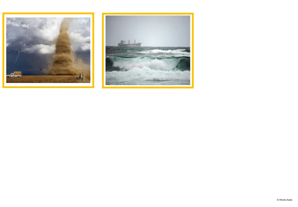 Weather photo cards: two final pictures showing a tornado over a field and rough sea waves with a ship on the horizon