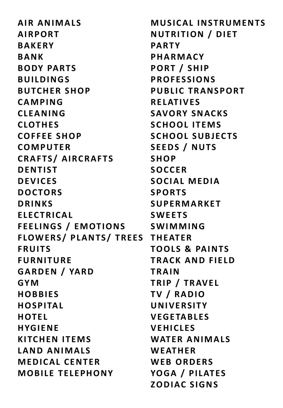 Topic list for the vocabulary matching resource, covering 65 themes from air animals to zodiac signs