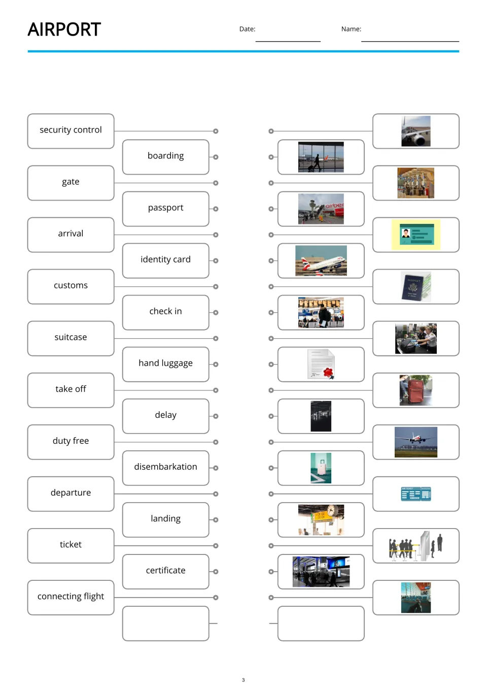 Airport vocabulary matching worksheet: 19 terms, including passport, boarding, customs and hand luggage