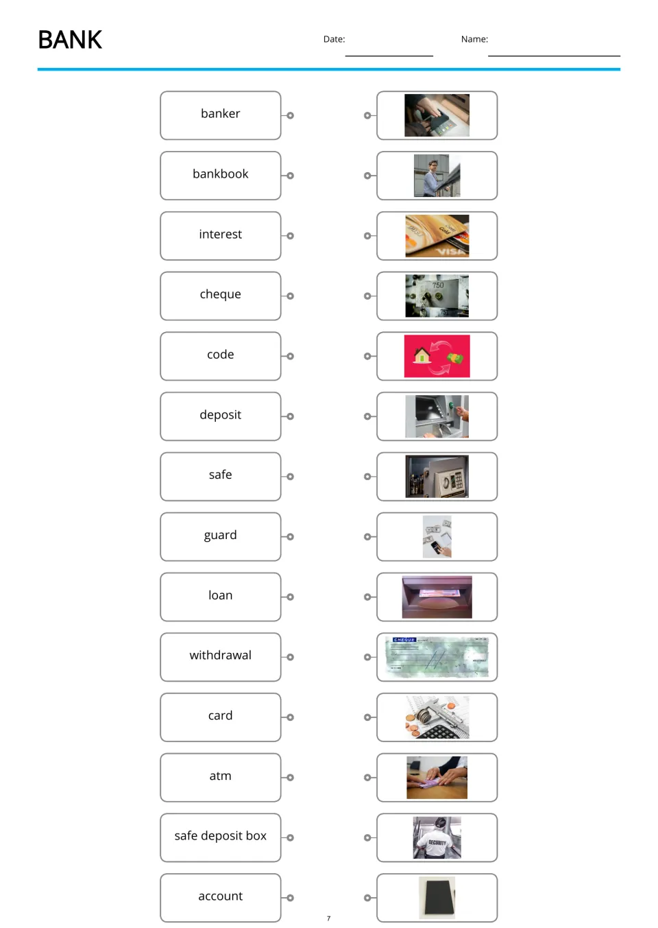 Bank vocabulary matching worksheet: 14 terms, including banker, deposit, loan, withdrawal and account