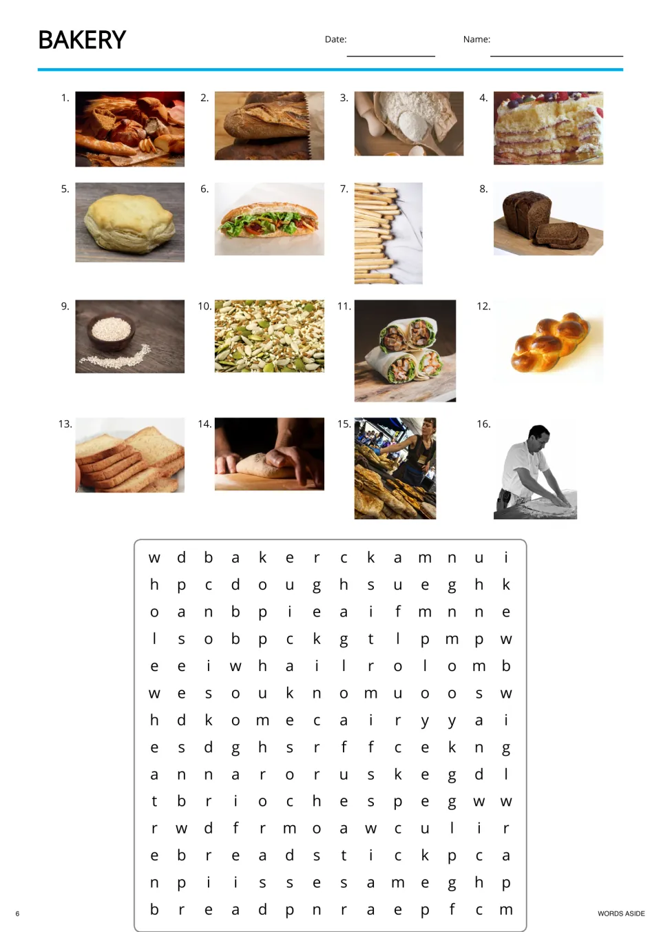 Bakery word search: students label 16 photos of breads, flour, seeds and a baker at work, then find each word in the grid