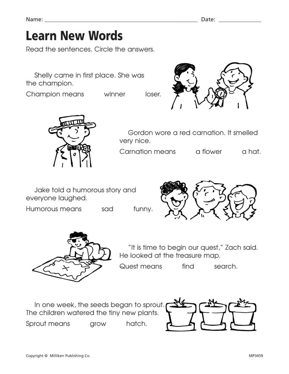 Opening vocabulary activity asks students to circle meanings of champion, carnation, humorous, quest, and sprout.