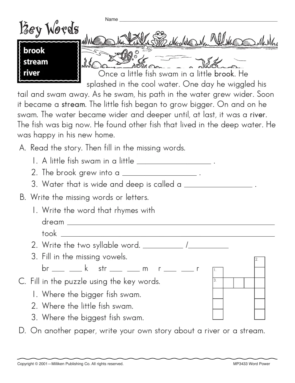 Vocabulary reading about a fish introduces brook, stream, and river, followed by word study and a story prompt.