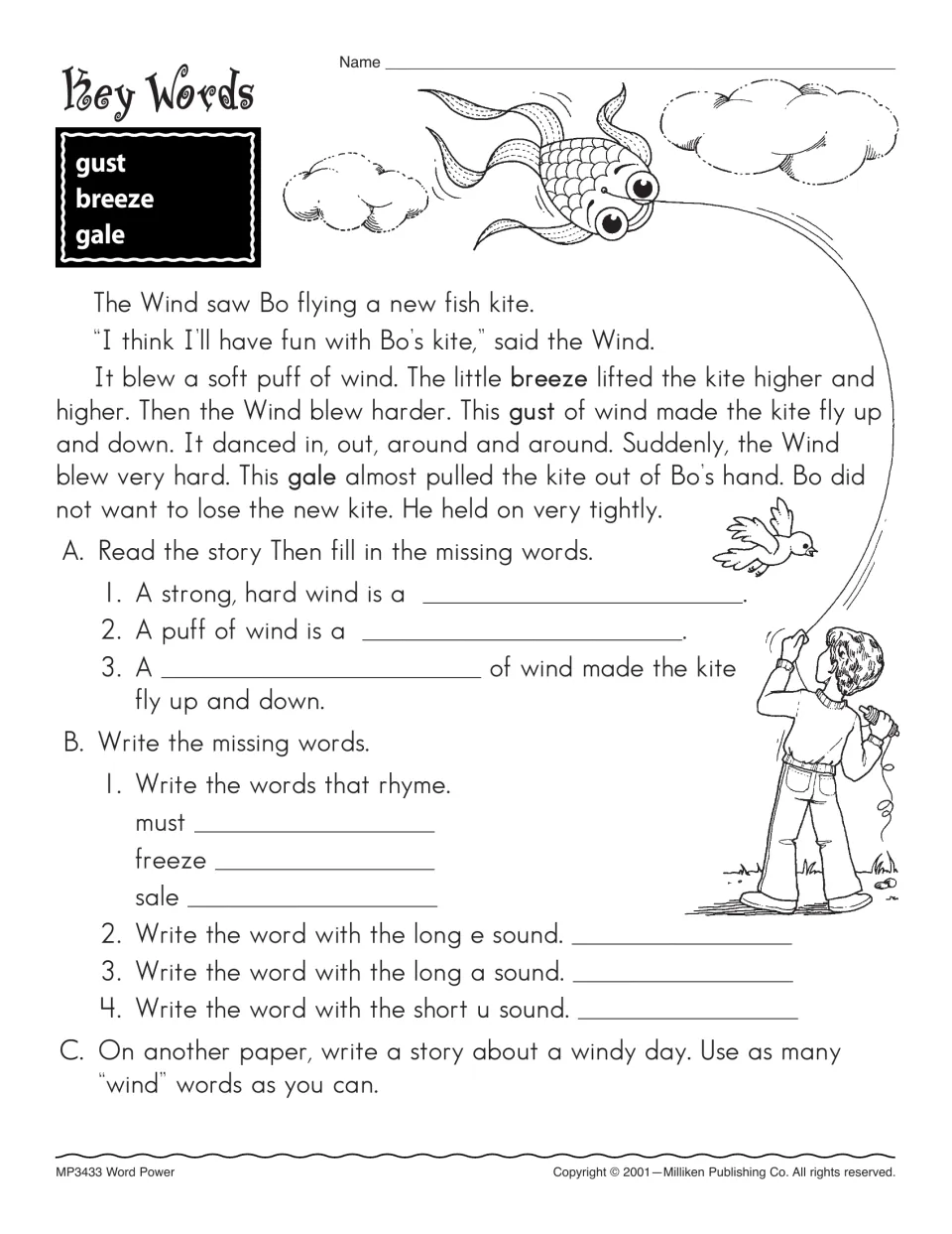 Vocabulary reading about Bo's kite introduces gust, breeze, and gale, with rhyme and vowel-sound practice.