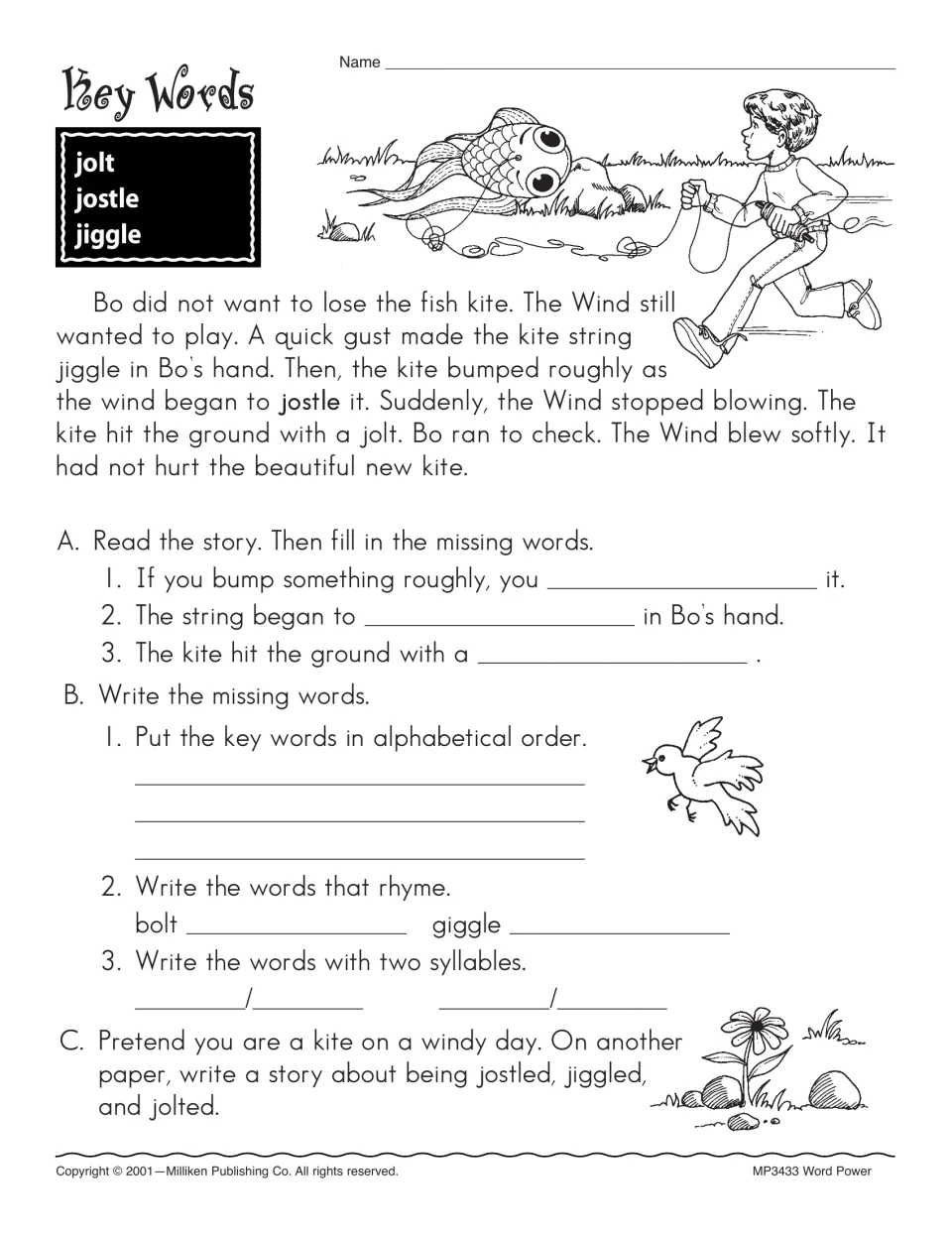 Bo's kite story continues with jolt, jostle, and jiggle, followed by alphabetical order, rhymes, and syllables.